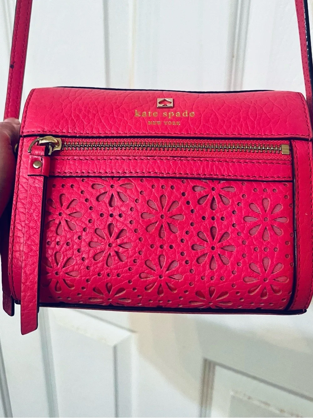Kate Spade New York Perri Lane Looloo Pink Leather Laser Cut Crossbody Bag EUC